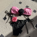 Color Matching Rose Tube Top Lace up Drawstring Strap Split Swimsuit Bikini Bella Mia
