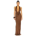 Clothing Autumn Slim Fit Halter Backless Sleeveless Pleated Lace up Elegant Length Dress Bella Mia