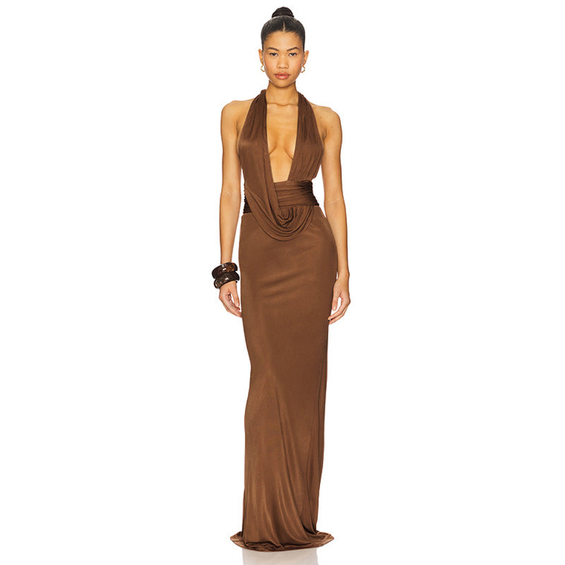 Clothing Autumn Slim Fit Halter Backless Sleeveless Pleated Lace up Elegant Length Dress Bella Mia