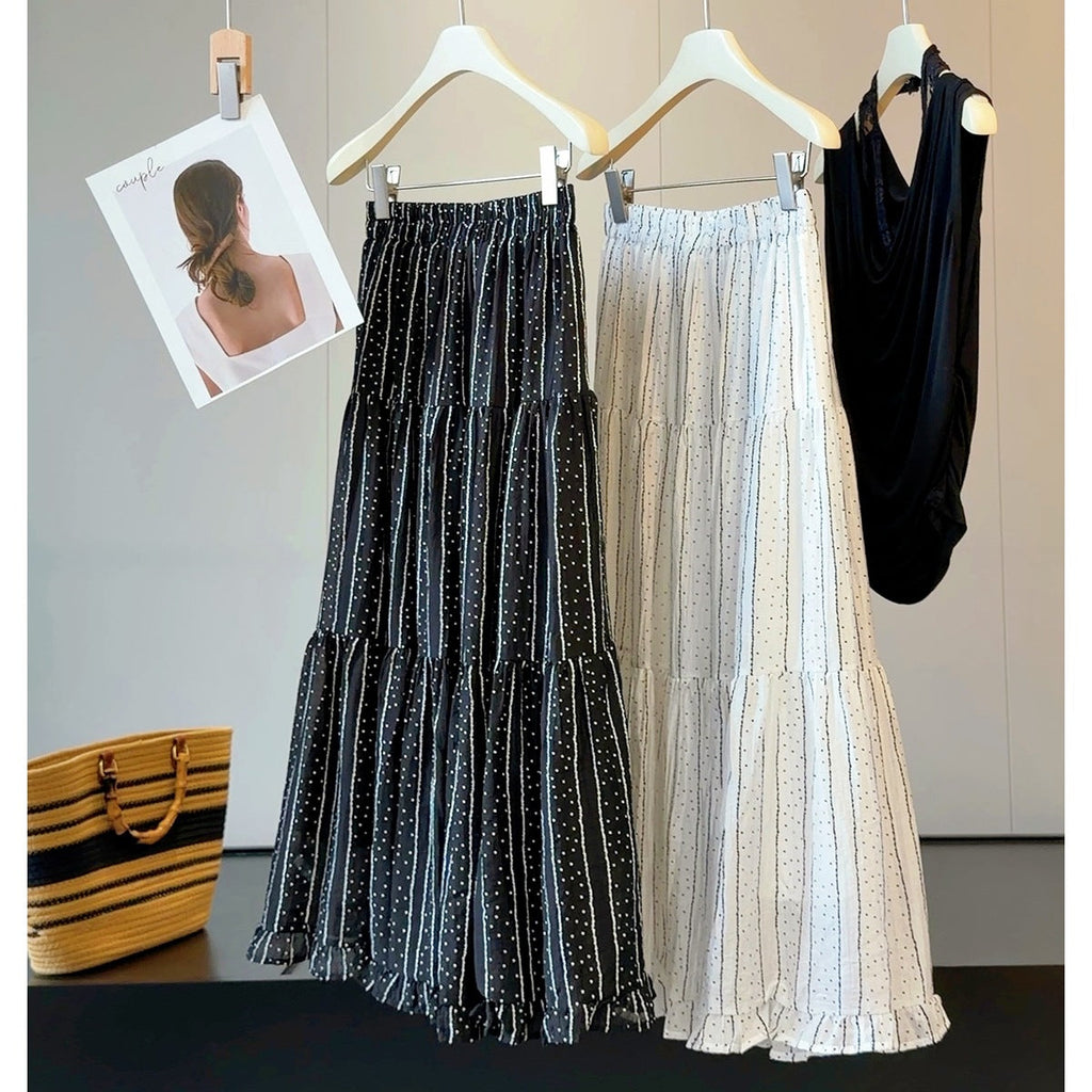 Striped Polka Dot Pleated Tiered Skirt Women Summer Wooden Ear A line Drape Big Hem Umbrella Skirt