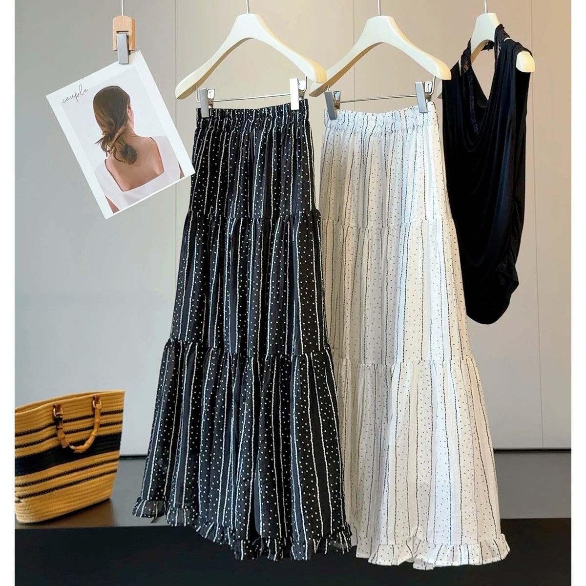 Striped Polka Dot Pleated Tiered Skirt Women Summer Wooden Ear A line Drape Big Hem Umbrella Skirt
