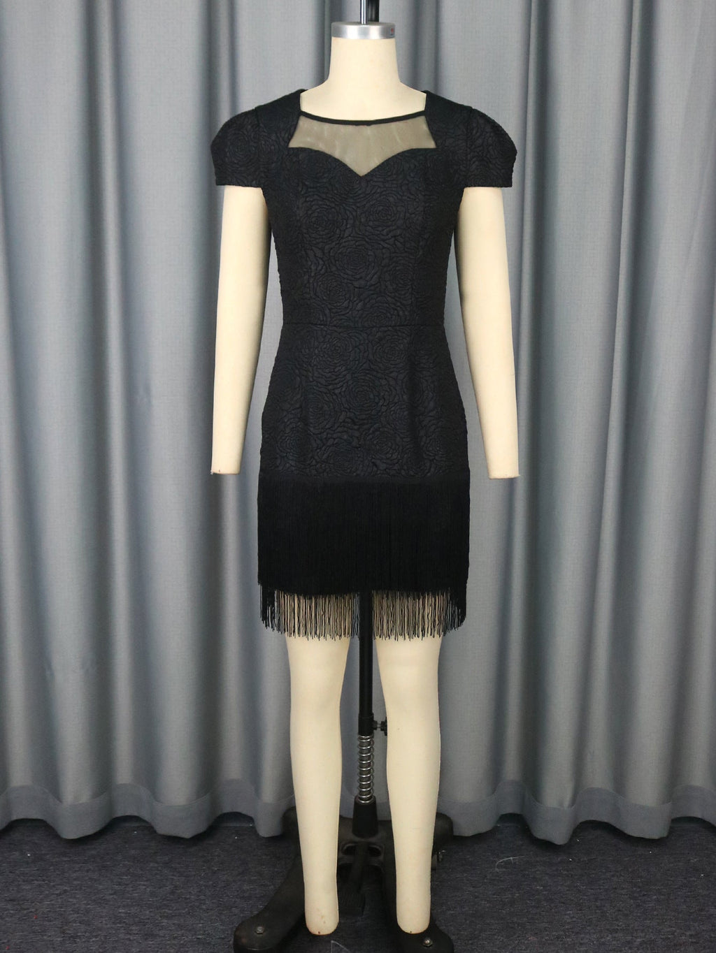 Hollow Out Cutout Mesh French Black round Neck Dress Tassel Hem Cocktail Evening Dress Bella Mia