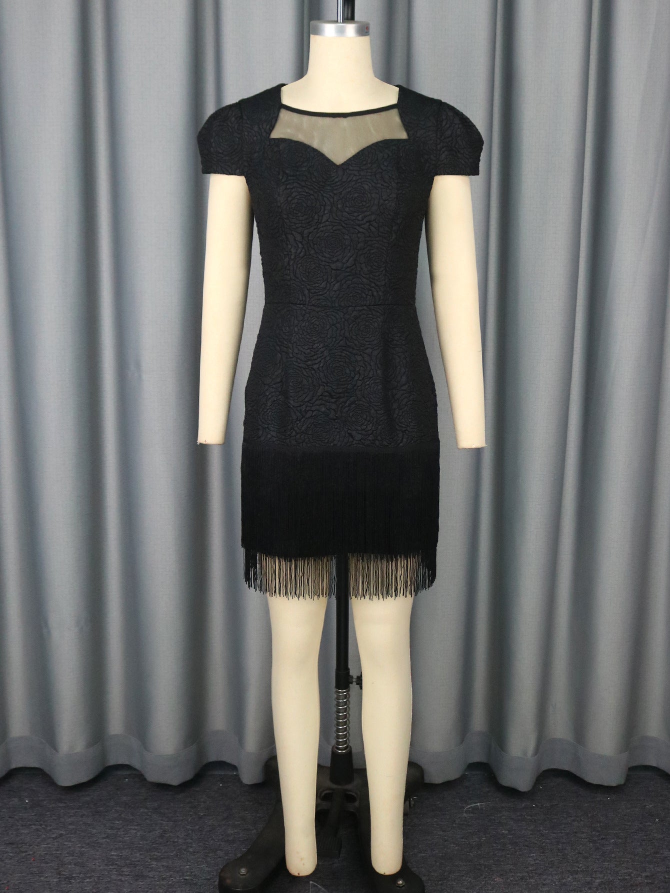 Hollow Out Cutout Mesh French Black round Neck Dress Tassel Hem Cocktail Evening Dress Bella Mia