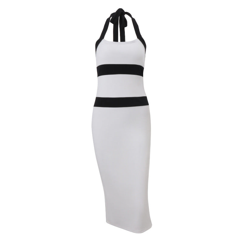 Women Clothing Summer Fashionable Elegant Sexy Slim Fit Halter Color Matching Sheath Dress Bella Mia