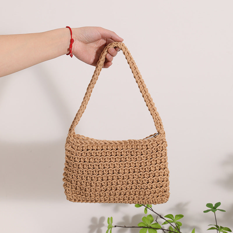 All Match Shoulder Cotton Thread Woven Bag Fresh Square Underarm Bag Straw Bag Solid Color Office Handbag Women Bella Mia