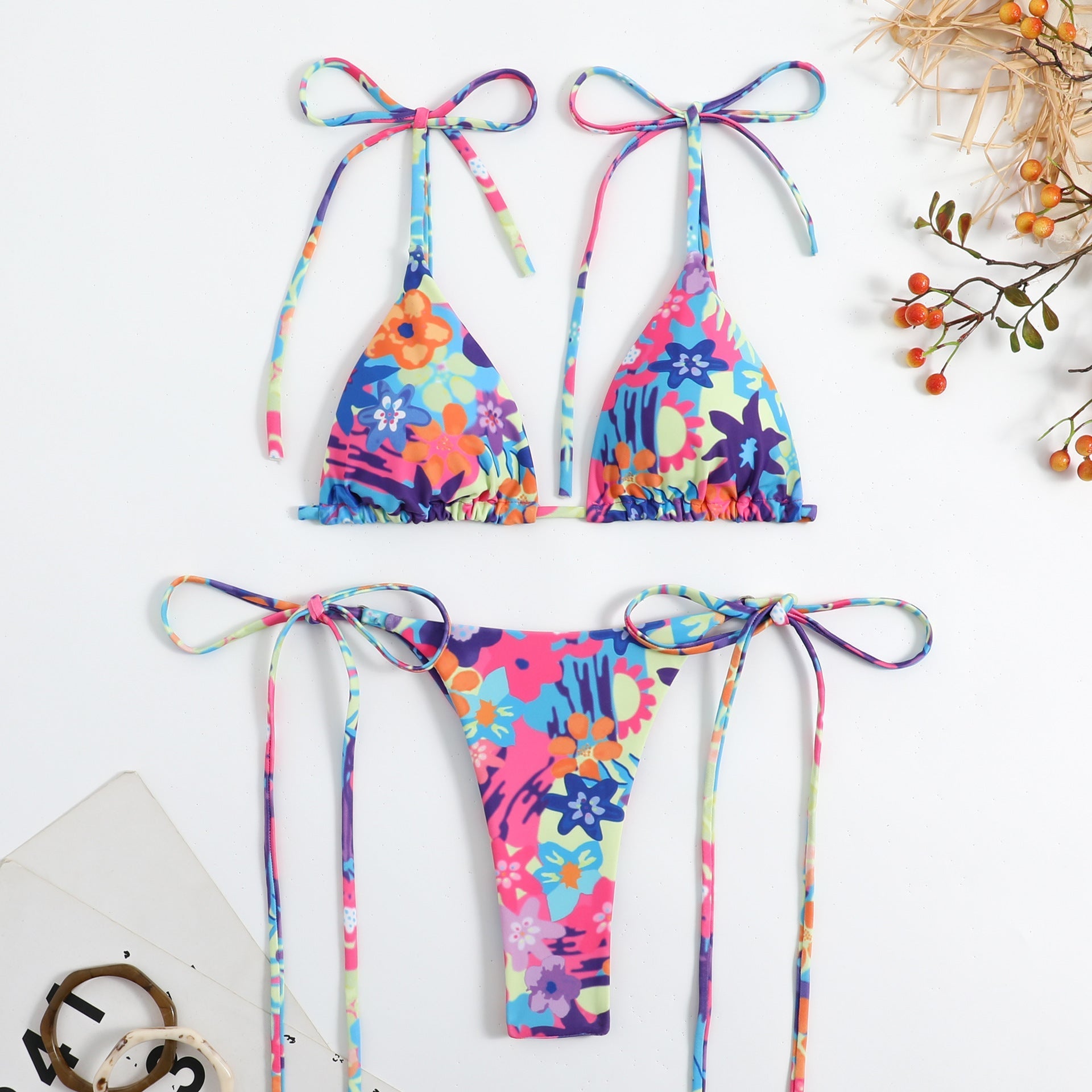 Lady Sexy Triangle Bikini Lace Up Duplex Printing Split Swimsuit Swimwear Bella Mia
