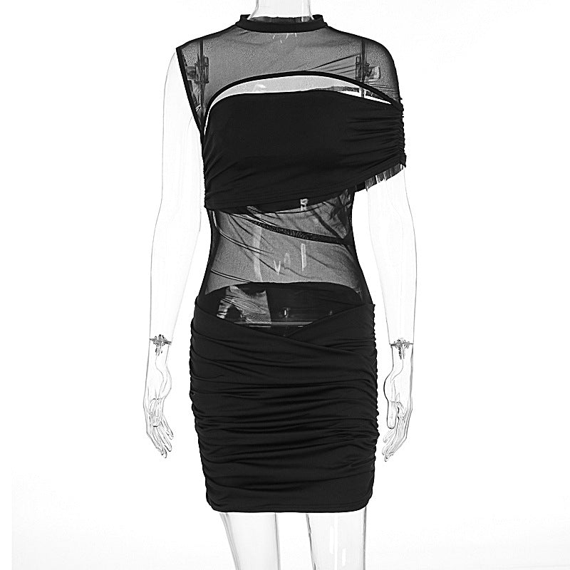 Women Stitching Sexy See through Shoulder Sleeveless Pleated Hip Dress Bella Mia