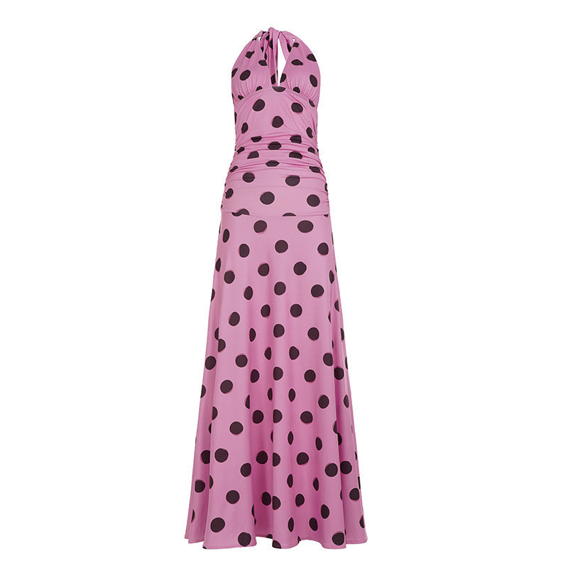 Casual Vacation Polka Dot V neck Halter Dress Women Backless Lace up Waist Slimming Maxi Dress Bella Mia