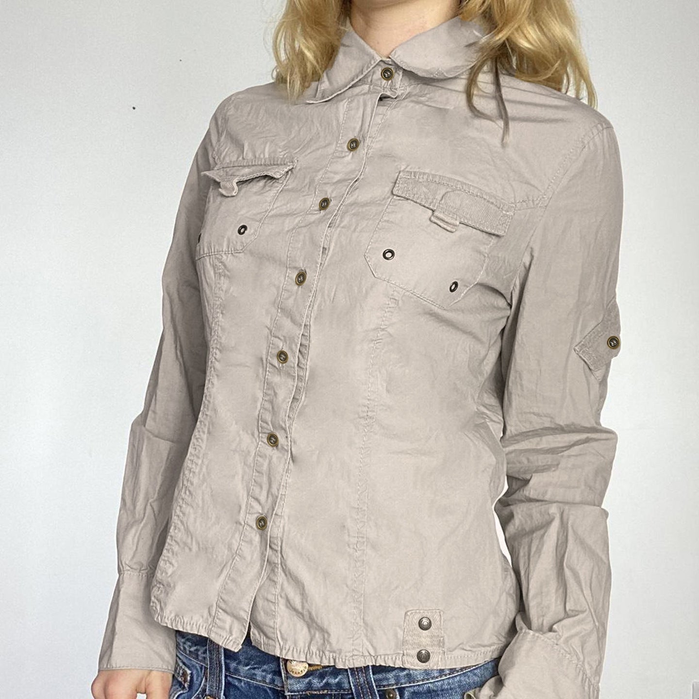 Autumn Pocket Stitching Breasted Collared Shirt Tooling Sexy Waist Controlled Slimming Long Sleeve Cardigan Top Women Bella Mia