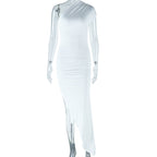 Sexy Diagonal Collar Solid Color Dress Stitching Short Sleeve Pleated Pullover Mid Waist Asymmetric Bella Mia