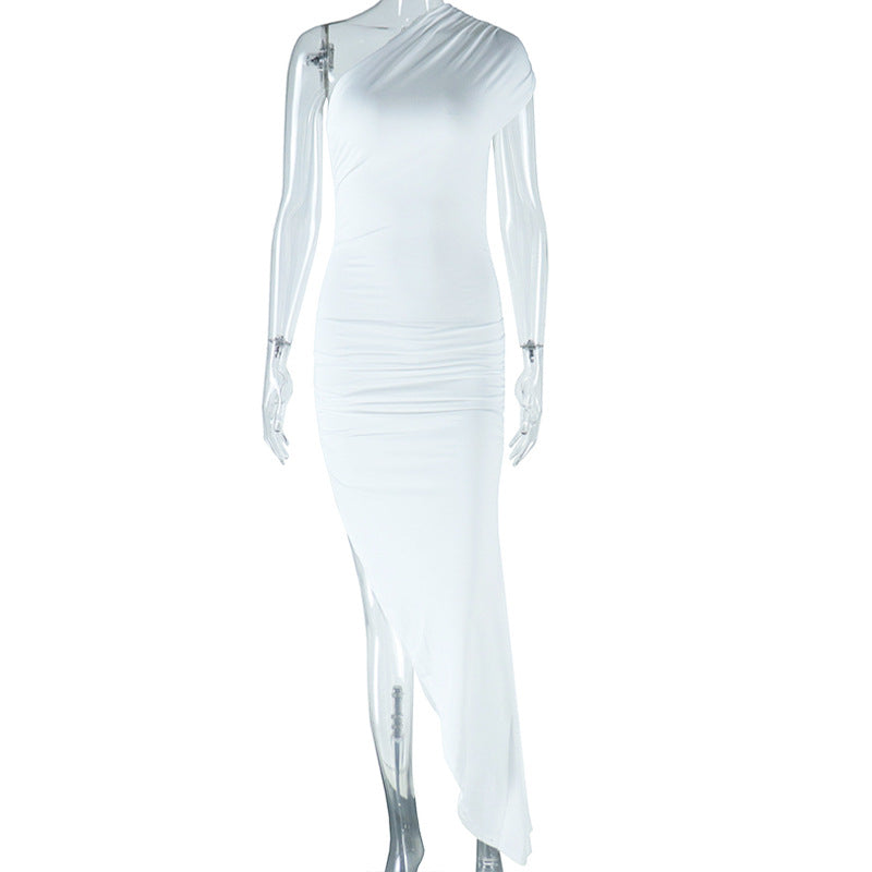 Sexy Diagonal Collar Solid Color Dress Stitching Short Sleeve Pleated Pullover Mid Waist Asymmetric Bella Mia