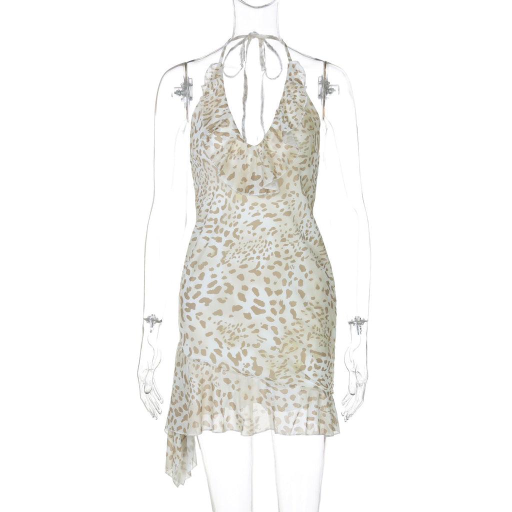 Summer Sexy Leopard Print Printed Sexy Deep V Plunge Sheath Wooden Ear Halter Dress Women Bella Mia