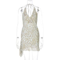 Summer Sexy Leopard Print Printed Sexy Deep V Plunge Sheath Wooden Ear Halter Dress Women Bella Mia