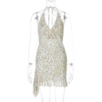 Summer Sexy Leopard Print Printed Sexy Deep V Plunge Sheath Wooden Ear Halter Dress Women Bella Mia