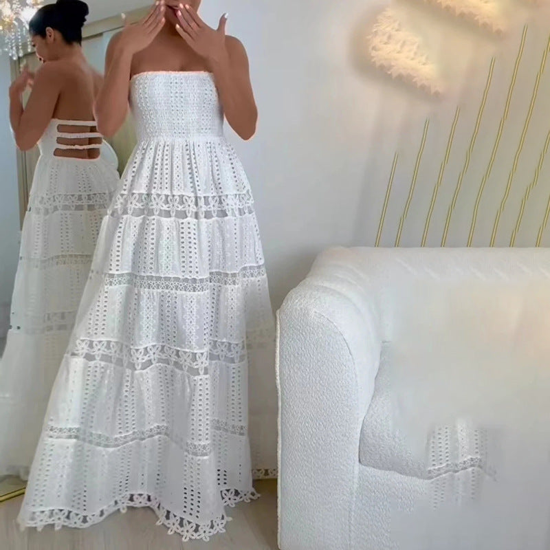 Casual Maxi Dress Spring High Sense Embroidery Hollow Out Cutout out Tube Top Dress Women Clothing Bella Mia