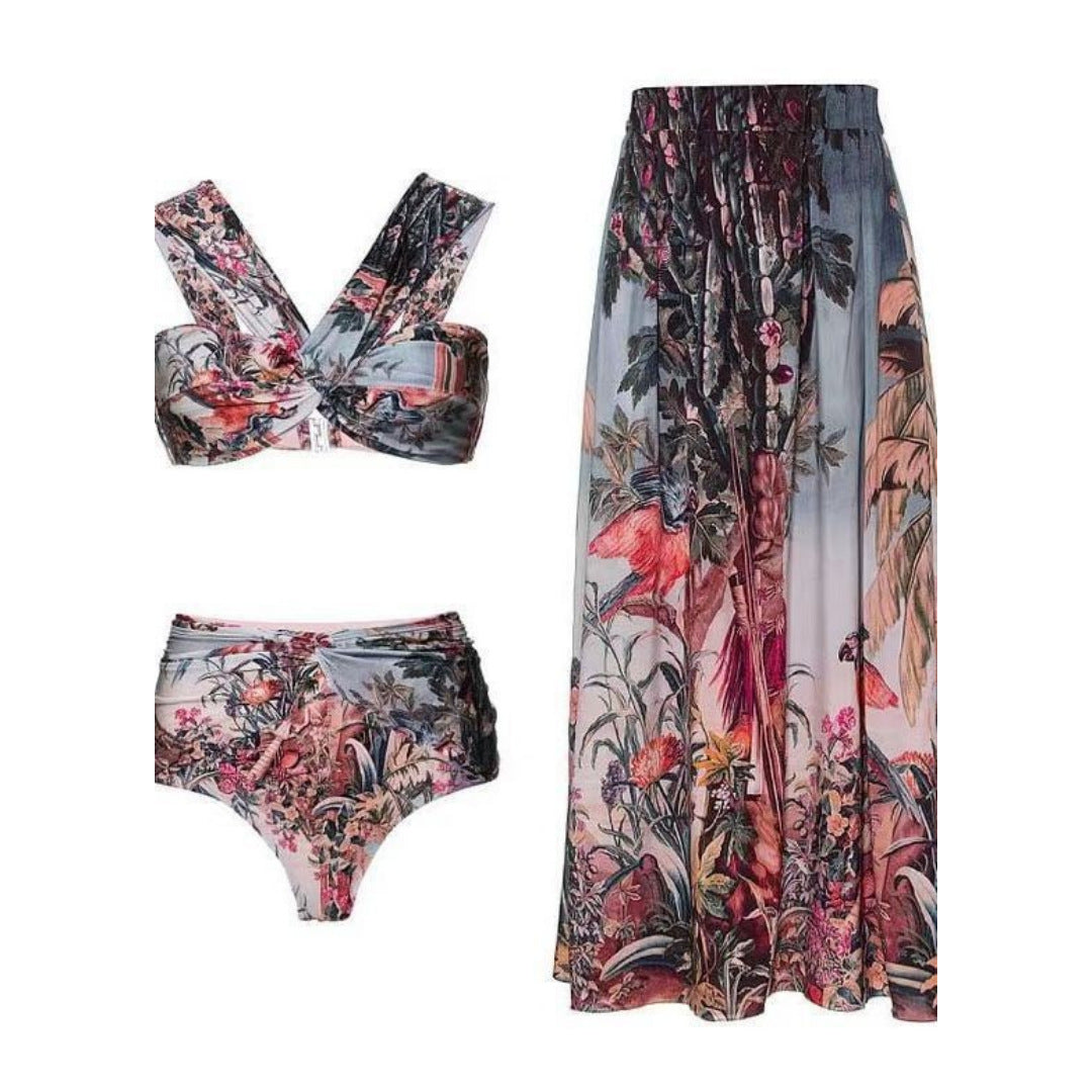 Vacation Beach Dress Swimsuit Women's Retro Printed Spring Bathing Suit Three Piece Suit Bella Mia
