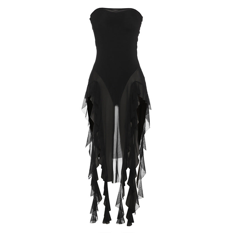 Spring Summer Women Mesh Sexy Personalized Irregular Asymmetric Slit Tassel Tube Top Jumpsuit Women Bella Mia