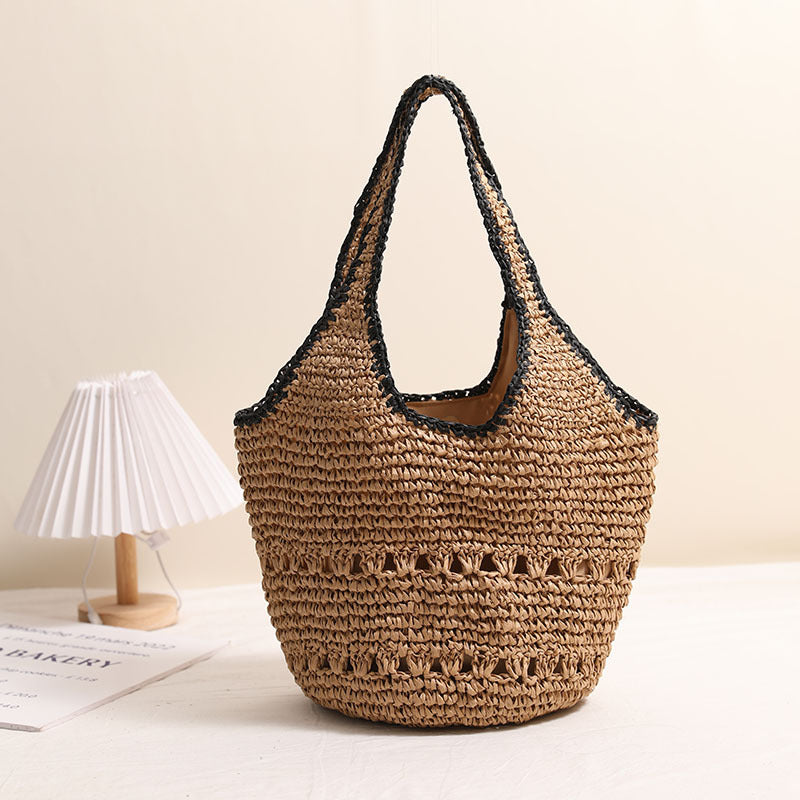 Large Capacity One Shoulder Straw Bag Casual Hollow Out Cutout Portable Straw Bag Woven Bag Women Seaside Vacation Beach Bag Bella Mia