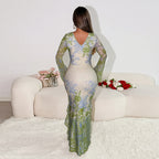 Autumn Maxi Dress Elegant Slim Print Irregular Asymmetric Hem Dress Women Bella Mia