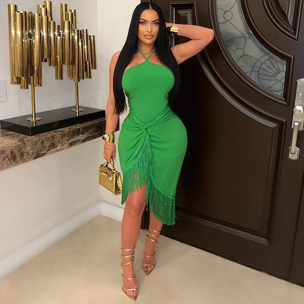 Women Clothing Sleeveless Lace up Skinny Sheath Tassel Maxi Dress Asymmetric Summer Bella Mia