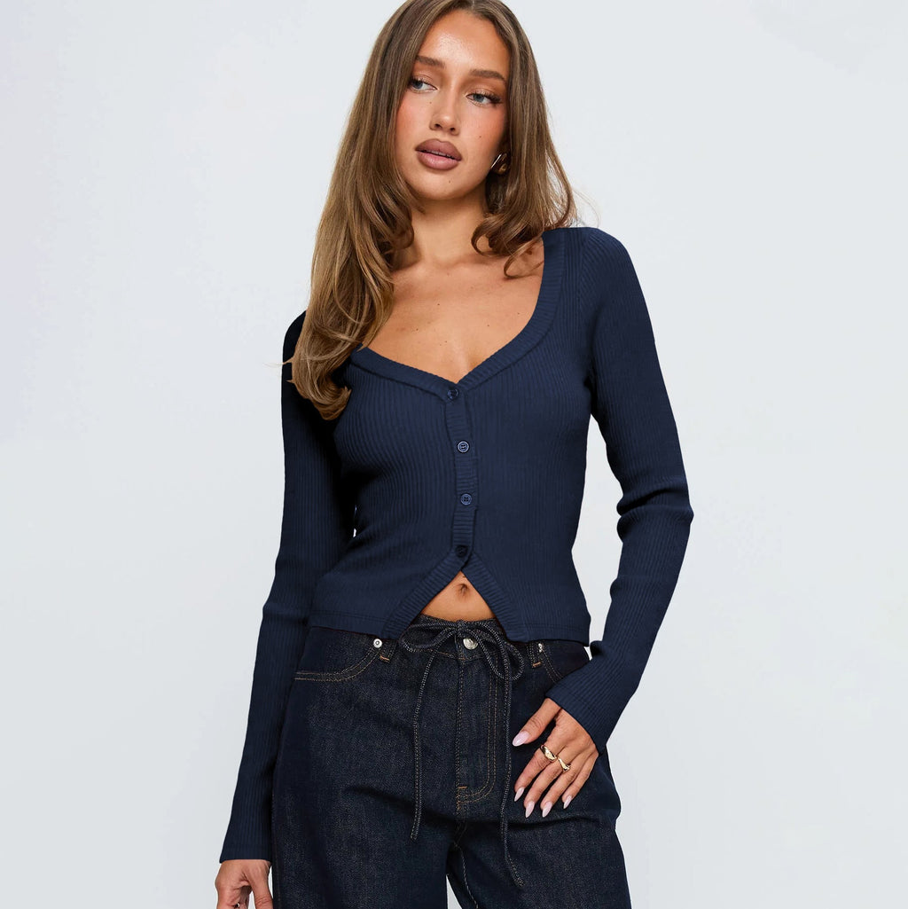 Women Fall Winter V neck Long Sleeve Ribbed Button Cardigan Slim Fit Bella Mia