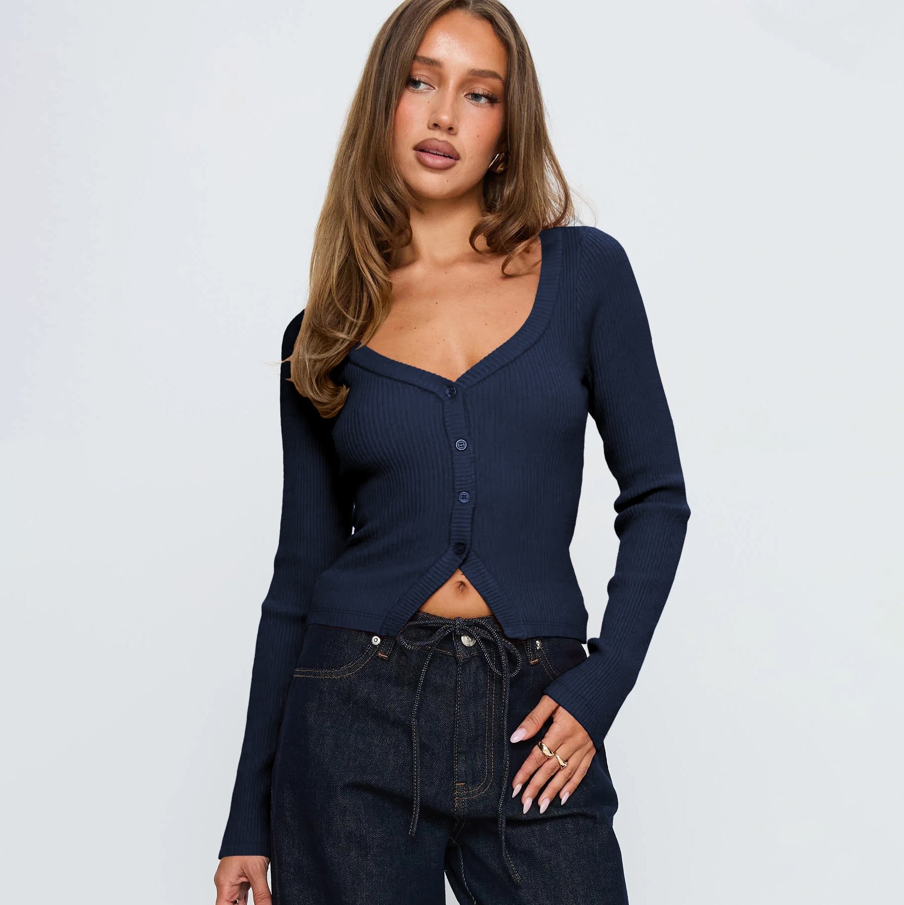Women Fall Winter V neck Long Sleeve Ribbed Button Cardigan Slim Fit Bella Mia