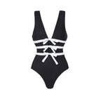 Black White V neck Bow Hollow Out Cutout out Swimsuit Women Slimming Bella Mia