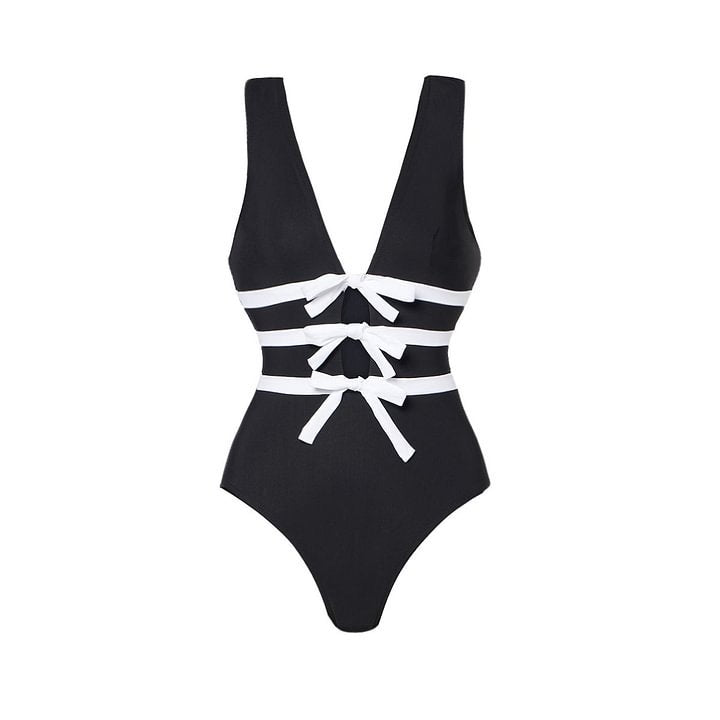 Black White V neck Bow Hollow Out Cutout out Swimsuit Women Slimming Bella Mia