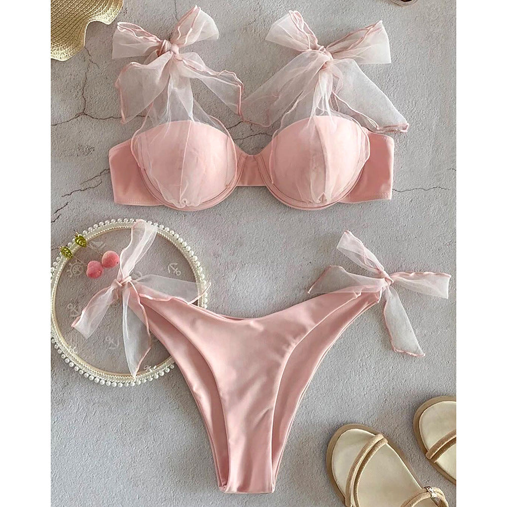 Solid Color Mesh Sling Split Swimsuit Female Bikini Sexy Fresh Backless Bella Mia