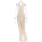 Arrival Sexy Halter Dress Summer Deep V Plunge Ruffled Slit Pleated Dress Bella Mia