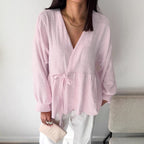 Spring Autumn Cotton Linen Solid Color V neck Trousers Comfortable Soft Shirt Women Bella Mia