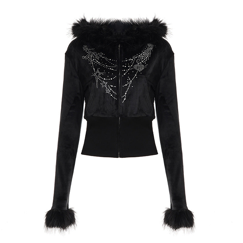 Autumn Winter Casual Furry Long Sleeved Zipper Sweater Coat Letter Graphic Rhinestone Sweatpants Two Piece Sets Bella Mia