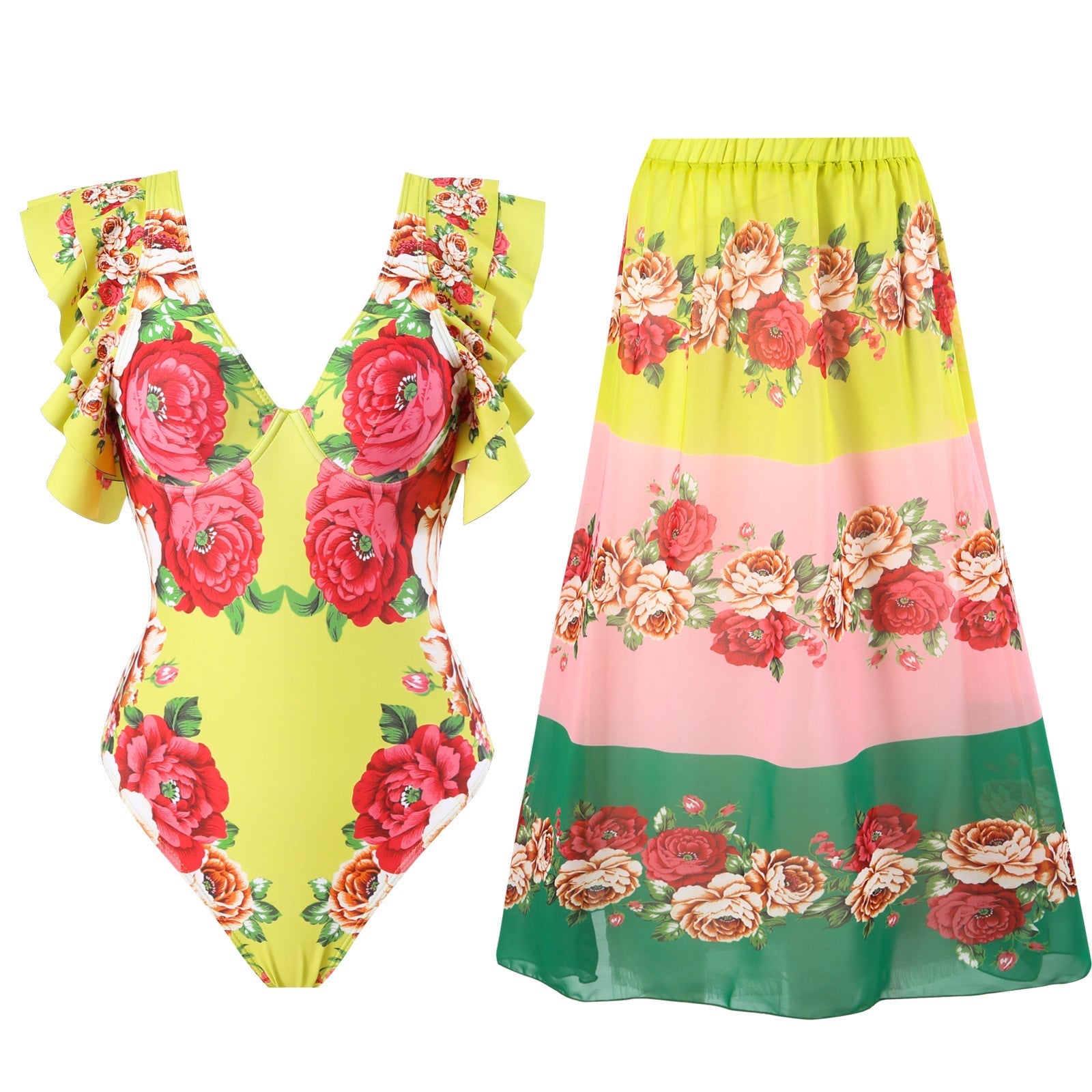 Spring Sexy Swimsuit Women Conservative Warm Printed Swimsuit Wrap Skirt Set Bella Mia