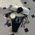 Color Matching Rose Tube Top Lace up Drawstring Strap Split Swimsuit Bikini Bella Mia