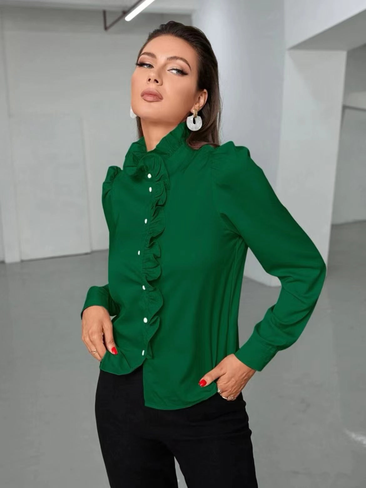Women Shirt Autumn High Grade Acetate Fabric Shirt Half Sleeve Ruffled Straight Women Top Bella Mia