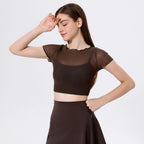 Faux Two Piece Mesh Sports T shirt Women Short Sleeve with Chest Pad Yoga Clothes Cropped Top Quick Drying Slimming Fitness Bella Mia