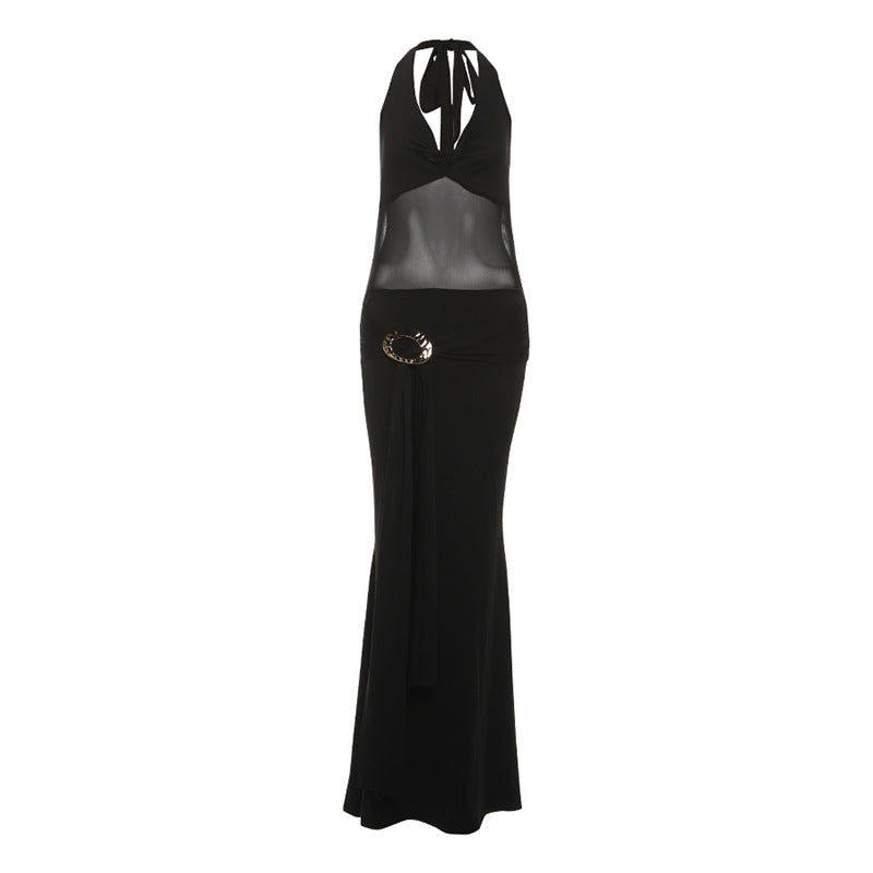 Fall Women Clothing Sexy Mesh Stitching Semi See through Slim Fit Halter Tied Dress Women Bella Mia