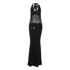 Fall Women Clothing Sexy Mesh Stitching Semi See through Slim Fit Halter Tied Dress Women Bella Mia