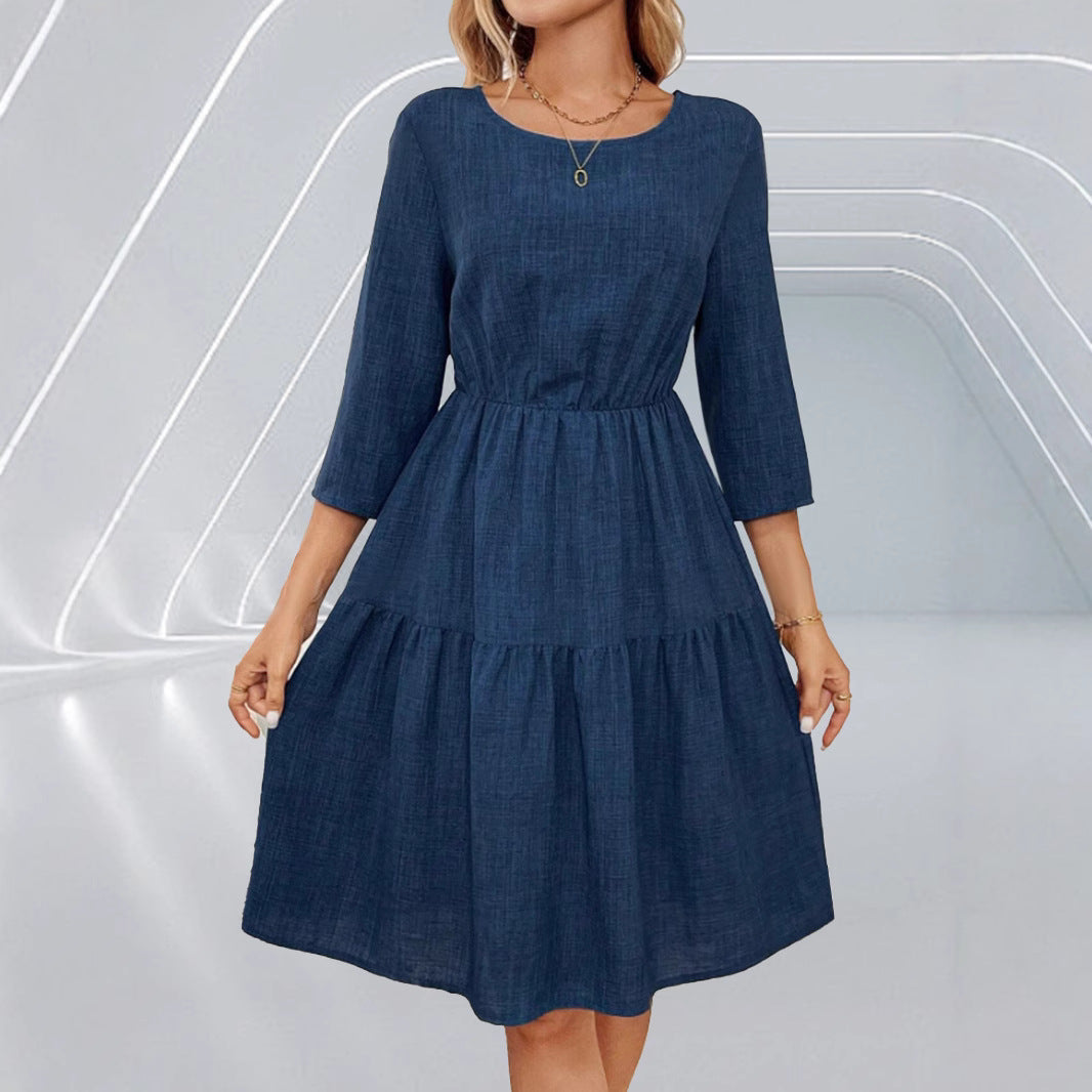 Spring Summer Women Tight Waist 3/4 Sleeve round Neck Dress