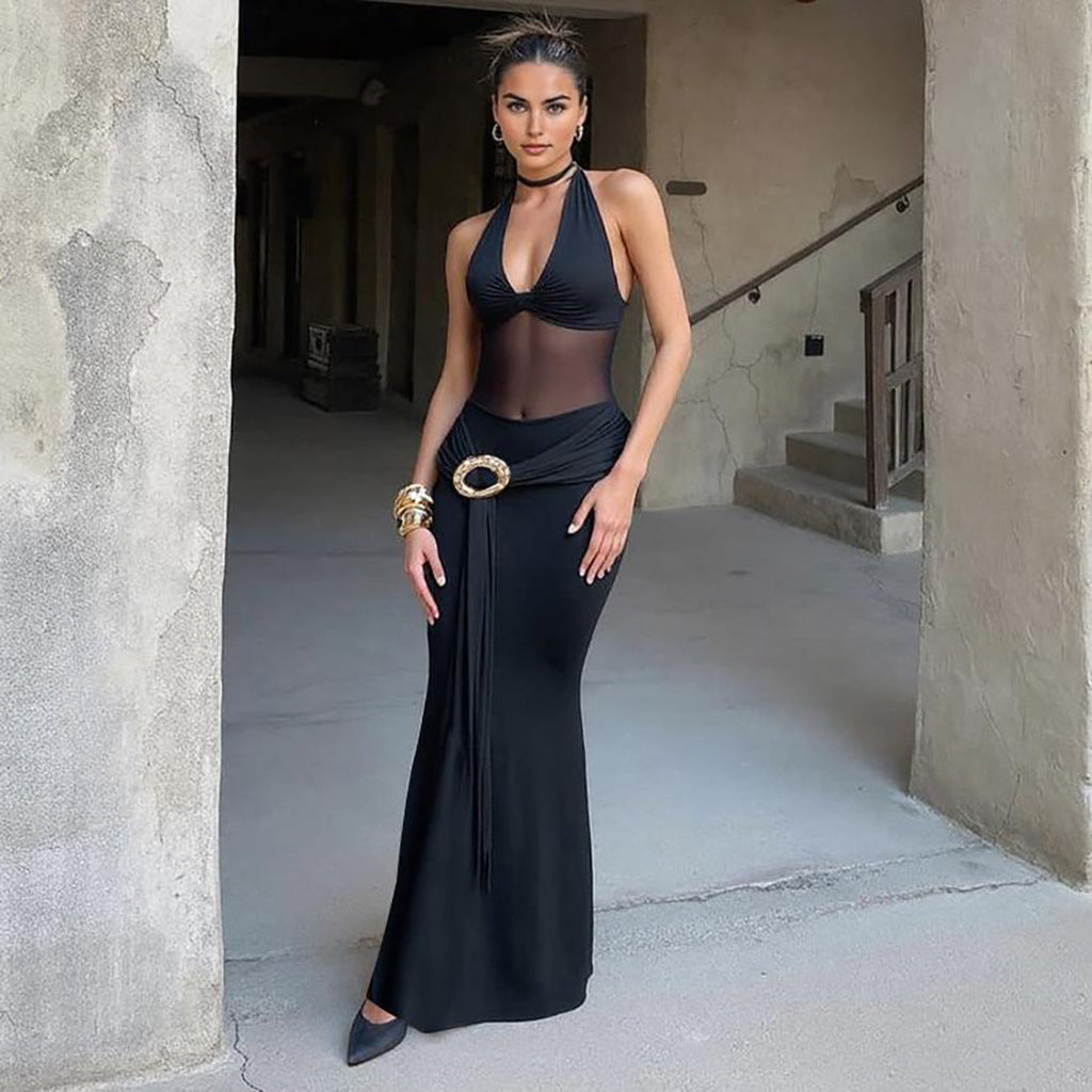 Fall Women Clothing Sexy Mesh Stitching Semi See through Slim Fit Halter Tied Dress Women Bella Mia