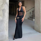 Fall Women Clothing Sexy Mesh Stitching Semi See through Slim Fit Halter Tied Dress Women Bella Mia