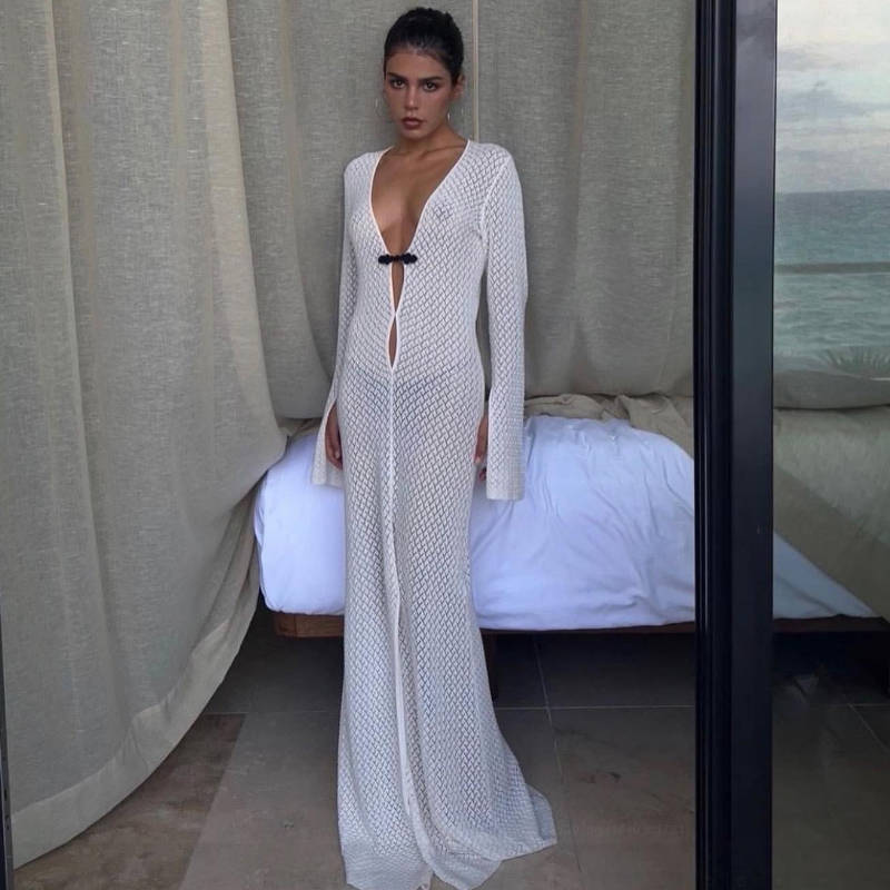 Hollow Out Cutout out Split Dress Beach Cover up V neck Beach Dress Long Mopping Fishtail Evening Dress for Women Bella Mia