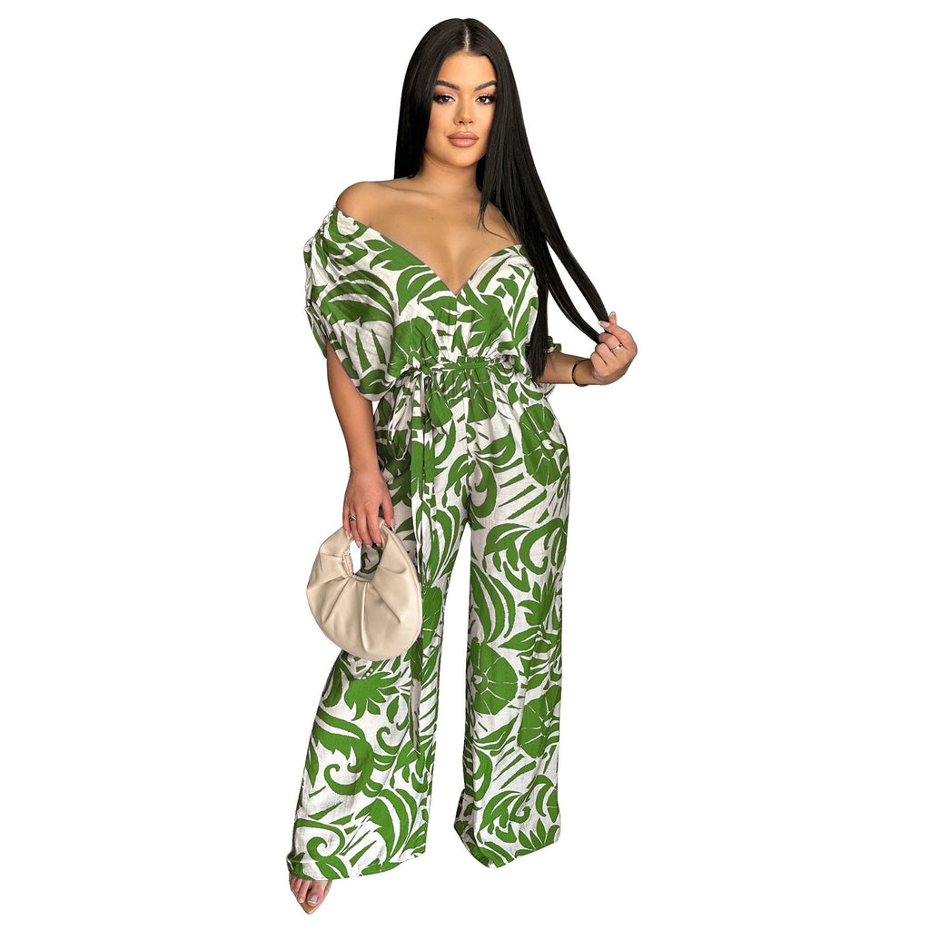 Women Clothing off the Shoulder Batwing Sleeve Wide Leg Printed Jumpsuit Bella Mia