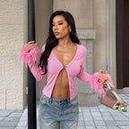 Sexy Deep V Plunge neck Long Sleeve Ostrich Feather Pink Cardigan Autumn Sexy All Match Top Bella Mia