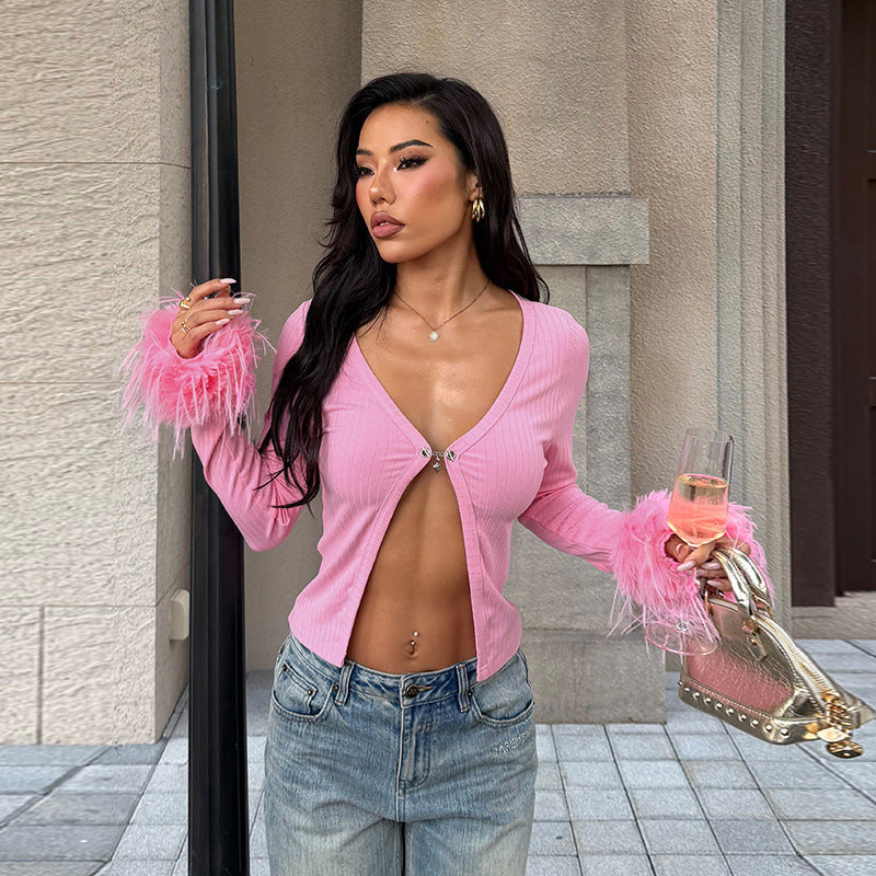 Sexy Deep V Plunge neck Long Sleeve Ostrich Feather Pink Cardigan Autumn Sexy All Match Top Bella Mia