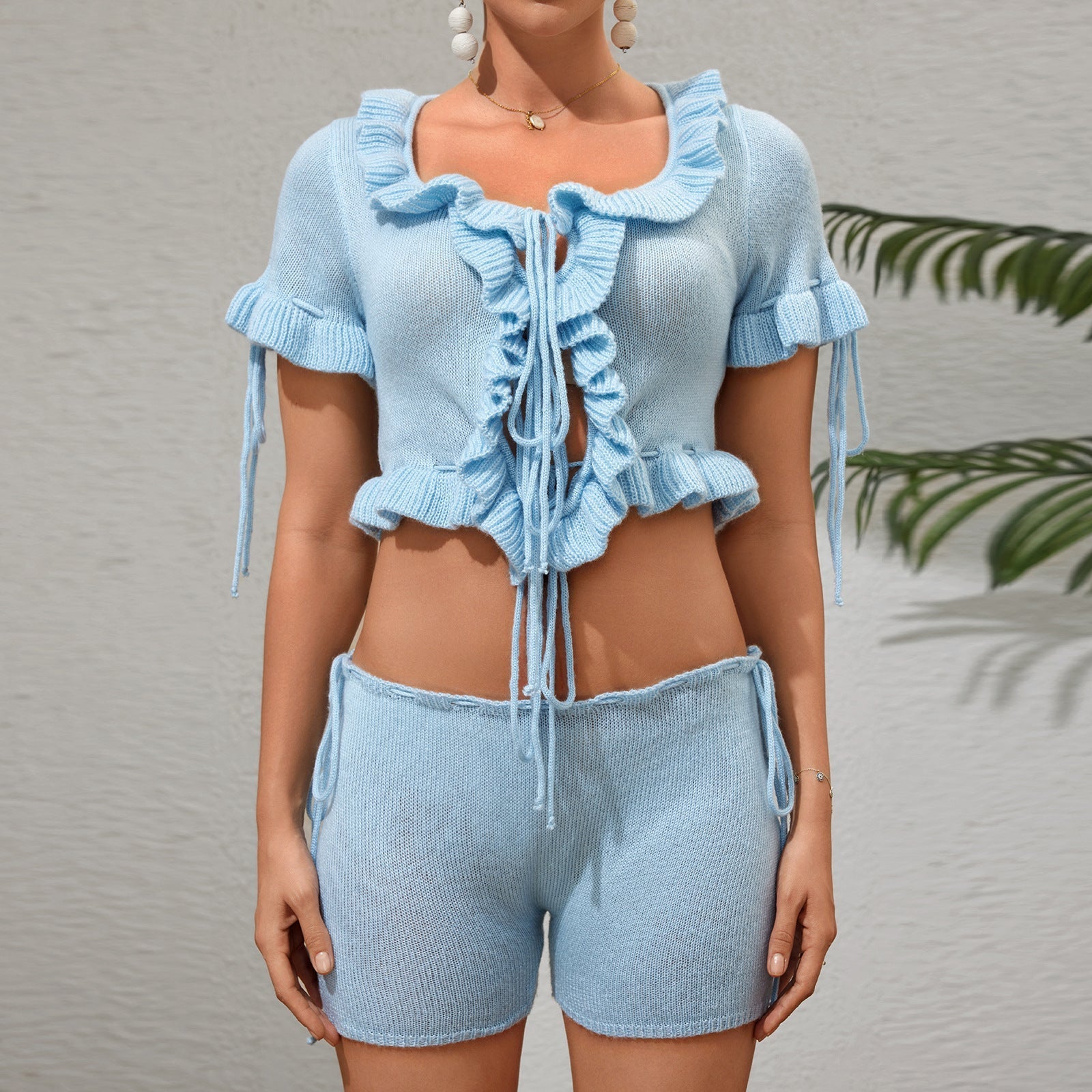 Spring Summer Casual Flounce Lace up Sexy Waist Hollow Out Cutout-out Short Short Sleeve Shirt Set Bella Mia