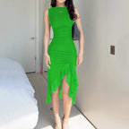 Women Clothing Summer Round Neck Tight Waist Solid Color Tight Dress Bella Mia