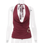 Women Wear Summer Sexy V neck Solid Color Halter Backless Slim Fit Vest Top Bella Mia