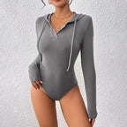 Autumn Knitted Emerized Sunken Stripe Hooded Solid Color Jumpsuit Bella Mia