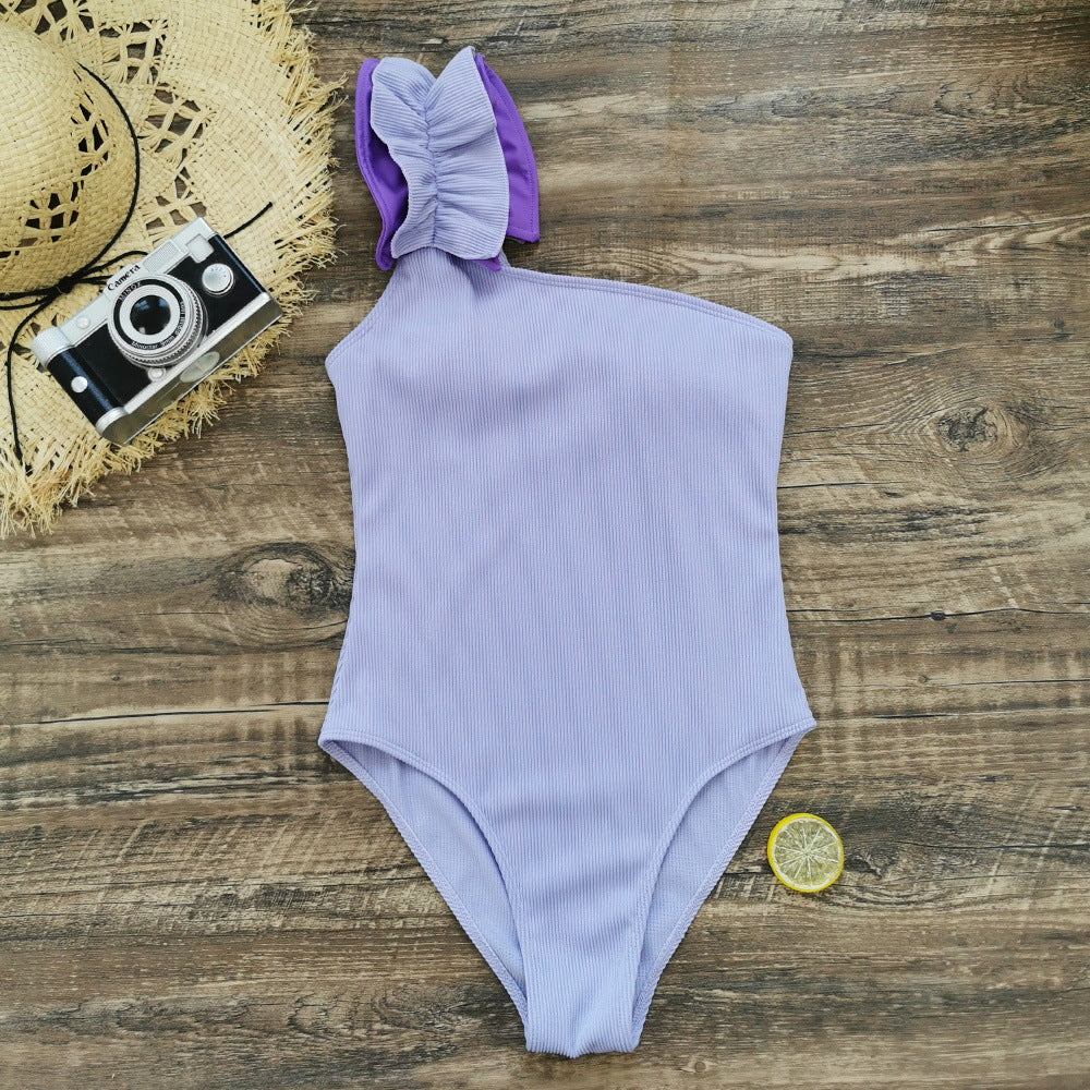 Solid Color Single Shoulder Suspender Tube Top One Piece Swimsuit Women Three Piece Set Sunken Stripe Swimsuit Bella Mia